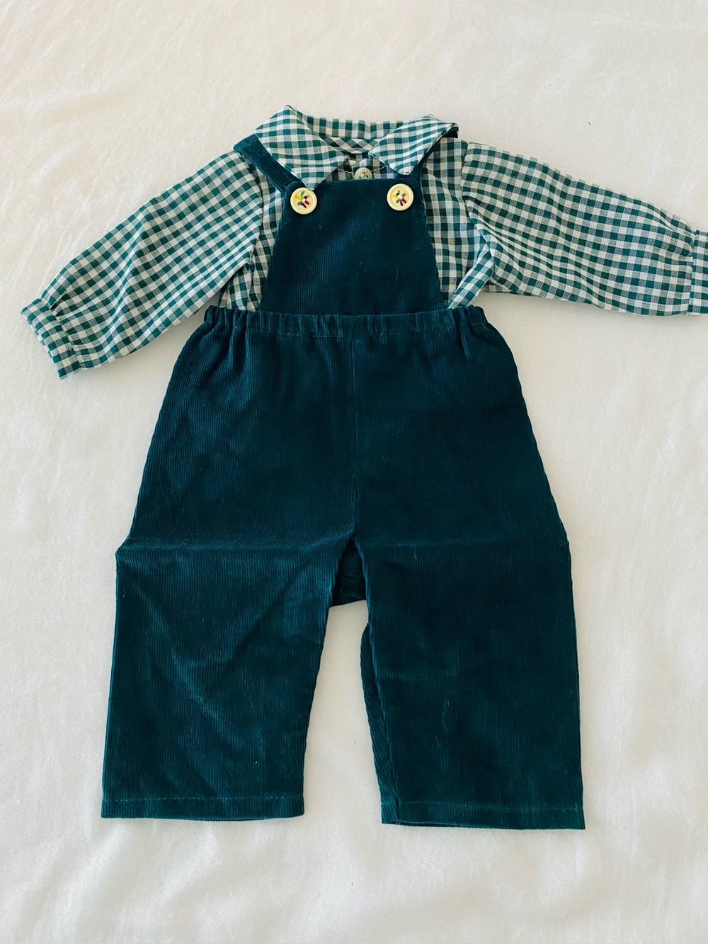 Green Corduroy Overalls with Matching Gingham Shirt , Small Doll Clothing